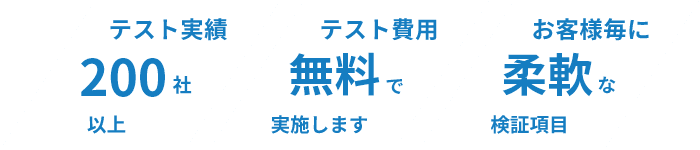 テスト実績200社以上。テスト費用無料で実施します。お客様毎に柔軟な検証項目