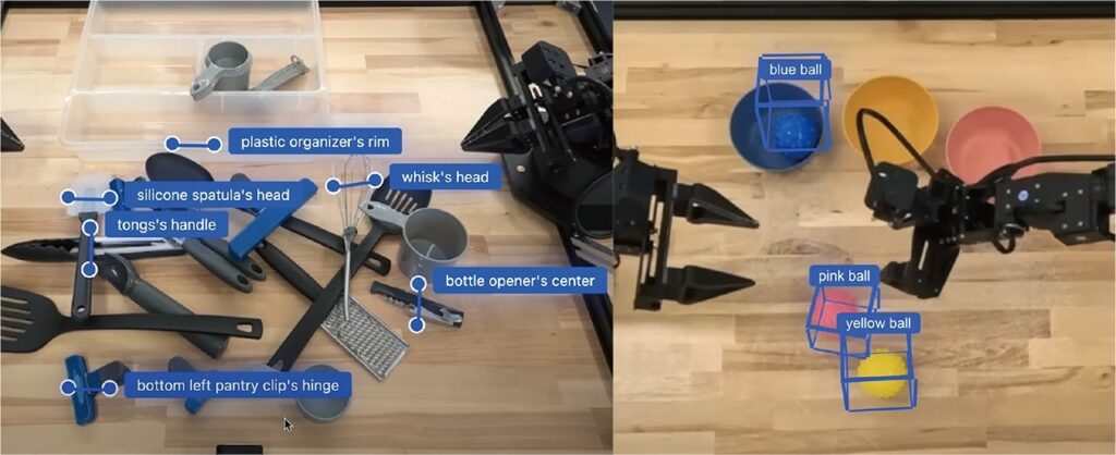 まずは通常のGeminiの空間把握能力を増強
いきなりロボット遠隔操作データでfine-tuningするのではなく、まずは通常のGeminiの空間把握能力を増強した。このバージョンは「Gemini Robotics-ER(Embodied Reasoning)」と呼ぶ。この段階ではロボット行動を直接生成する能力はなく、通常のVLMのままである。 左はグリッパでの把持点を2次元画像上で推定した結果、右は3次元bounding boxを推定した結果。(写真:グーグルのYouTube動画より)