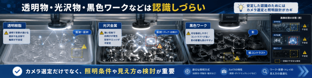 透明物・光沢物・黒色ワークなどは認識しづらい