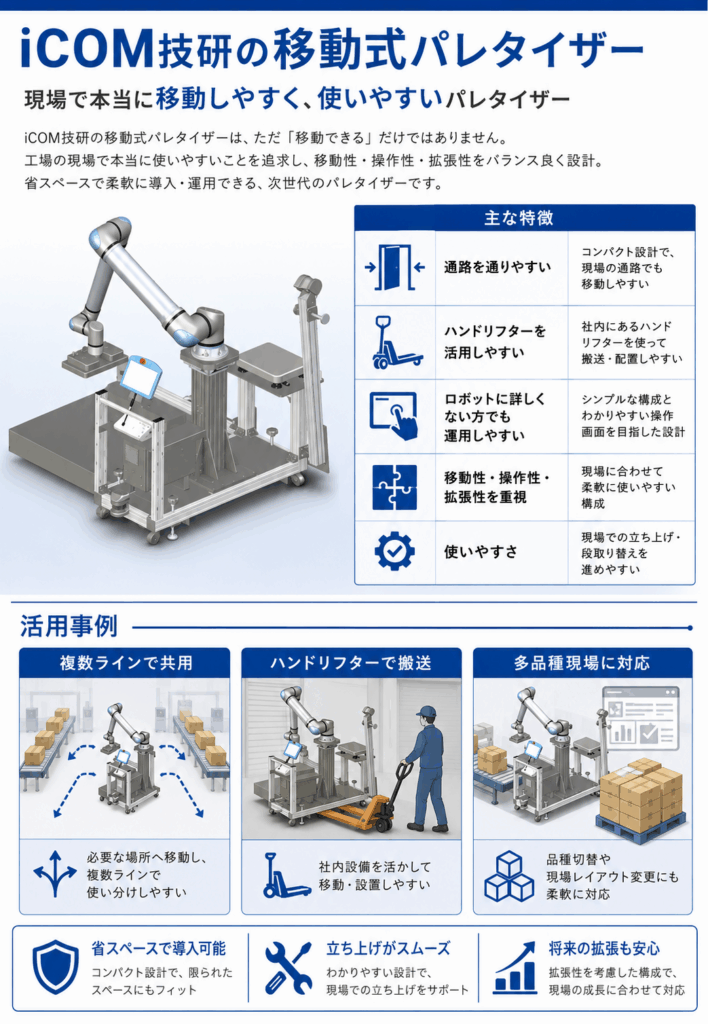 iCOM技研による移動式パレタイザー自動化のご提案